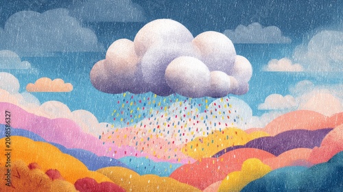 Painted Style Cloud with Rain on Purple Blue Background, Whimsical Weather Nature Illustration
