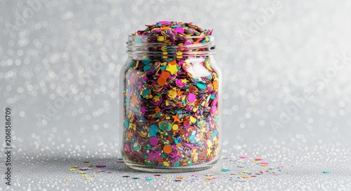 Colorful sprinkles in a glass jar.