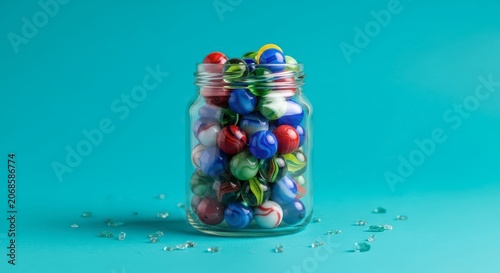 Colorful candy in glass jar.