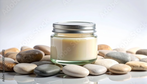Natural cream in a jar with stones.