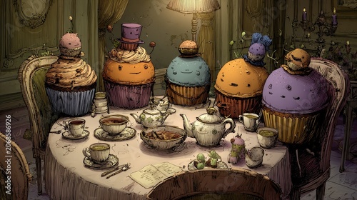 Collection of Tea Set with Multiple Cups on Table, Vintage Tea Party Illustration