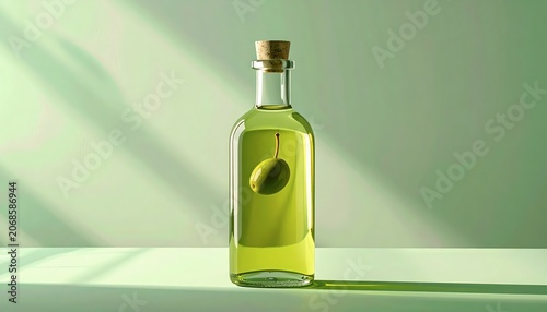Bottle of olive oil on table.
