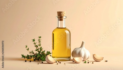 Bottle of olive oil with garlic.