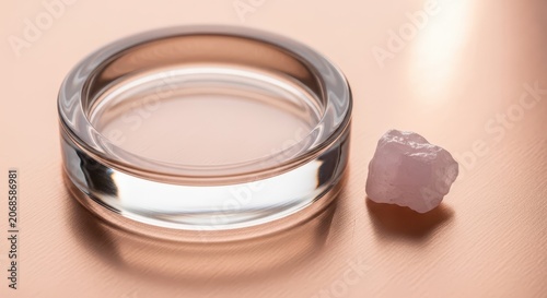 Glass dish with clear liquid and stone.