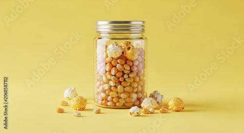 Colorful popcorn in a glass jar.
