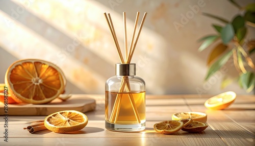 Aromatherapy diffuser with orange slices on table.