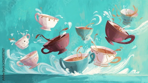 Dancing Teacup Characters with Steam on Teal Background, Whimsical Tea Party Mascot Illustration