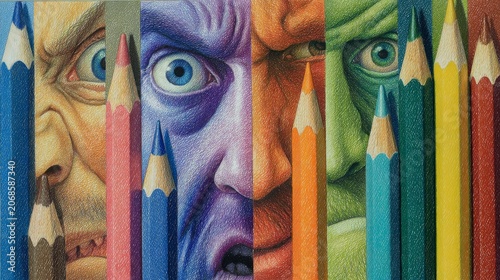 Green Purple Surreal Face Portrait with Colored Pencils, Artistic Imagination Concept Illustration