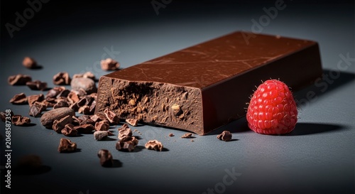 Chocolate dessert with fresh raspberry fruit.