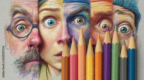 Surreal Face Portrait with Colored Pencils as Eyes, Creative Art and Imagination Concept Illustration