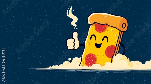 Happy Pizza Slice Character with Steam on Dark Background, Fun Food Mascot Illustration
