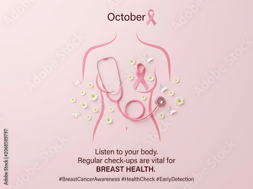Breast cancer awareness month pink ribbon stethoscope and daisies promoting women's health and early detection