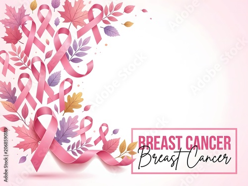 Breast cancer awareness month pink ribbon leaves background