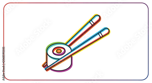 Sushi Roll with Chopsticks - Colorful Outline Illustration