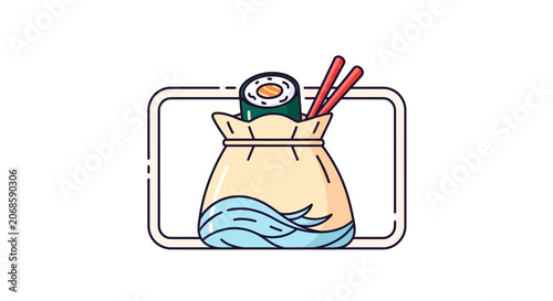Sushi Roll in a Bag with Chopsticks, Japanese Food Icon, Minimalist Design