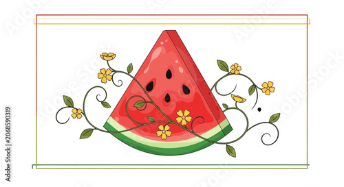 Sweet Watermelon Slice with Delicate Floral Vines and Yellow Flowers