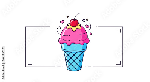 Sweet Strawberry Ice Cream Cone with Cherry and Hearts, Cute Cartoon Style