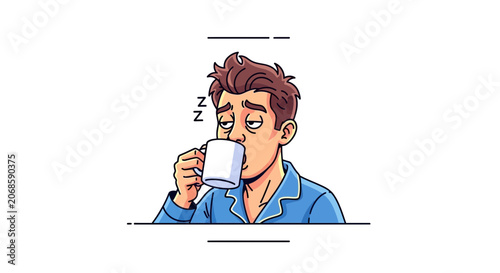 Tired Man Drinking Coffee in Pajamas, Morning Sleepy Face, Exhausted Person Waking Up
