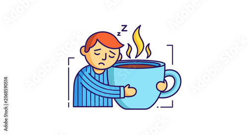Tired Man Hugging Hot Coffee Cup, Morning Sleepy Person with Caffeine Drink