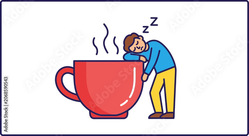Tired Man Sleeping on Giant Coffee Cup, Exhausted Person Napping Next to Hot Drink