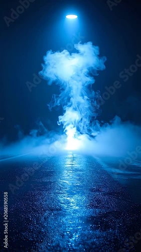 A blue spotlight illuminates smoke on a wet street at night