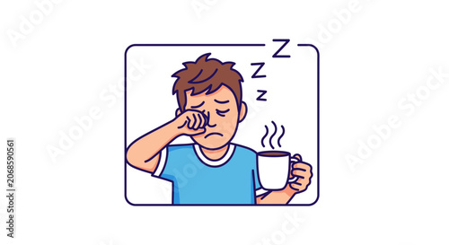 Tired Man Waking Up With Coffee, Rubbing Eyes, Feeling Sleepy