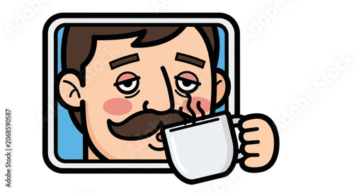Tired Man With Mustache Drinking Coffee, Morning Routine, Sleepy Face