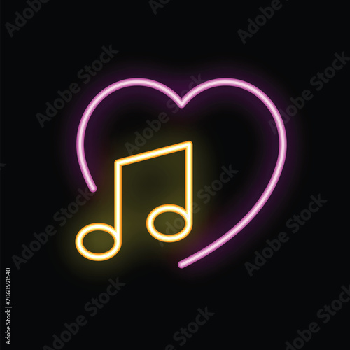 Glowing neon heart shape surrounding a musical note symbolising love for music