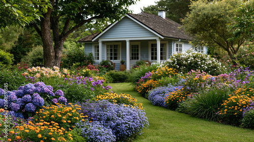 Cottage surrounded by colorful flower garden in summer