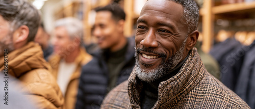 Middle aged man smiling among shoppers inside retail store
