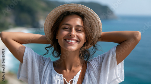 Young woman smiling with sun hat at coastal overlook