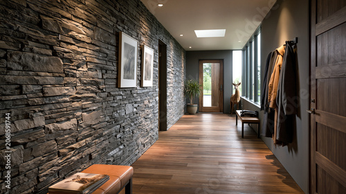 Modern entryway featuring stone wall and wood floor