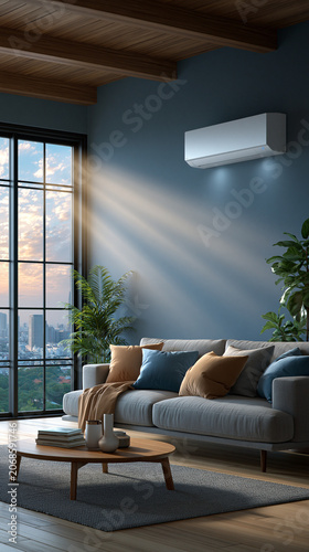 Sofa with sunlight rays and wall air conditioner in apartment