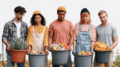 Group of people holding bins with plants and autumn leaves