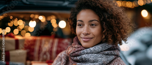 Young woman smiling wrapped in scarf at decorated car trunk