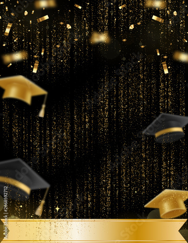 Fényképezés Black and gold graduation party flyer background with floating caps shimmering c
