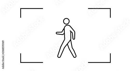 Walking Man Icon in Focus Frame, Simple Line Art Figure, Motion Concept