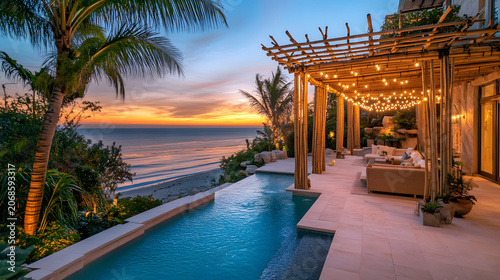 Luxury coastal home exterior with infinity pool at sunset overlooking ocean view