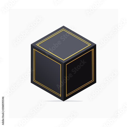Gold outlined black cube 3D render on white background