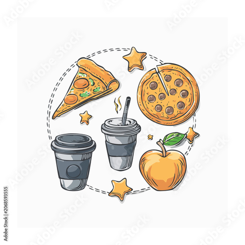 Hand-drawn food and drink illustration with pizza, coffee, and apple