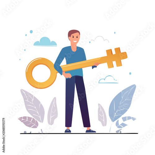 Man holding giant golden key flat vector illustration