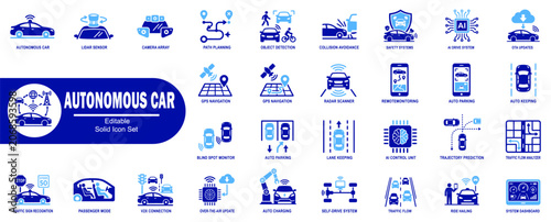Autonomous car icons collection. Featuring a navigation system, lidar sensor, and traffic flow analysis for a future mobility concept vector illustrator.