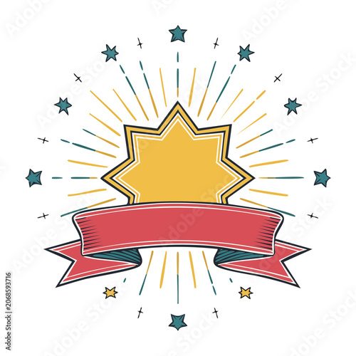 Yellow star badge with red ribbon and rays