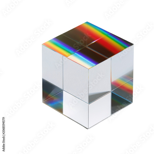 Transparent prism cube displaying colorful rainbow refractions, isolated on a transparent background with optical light effects.