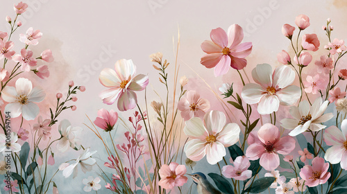 Pink and White Wildflower Meadow Background