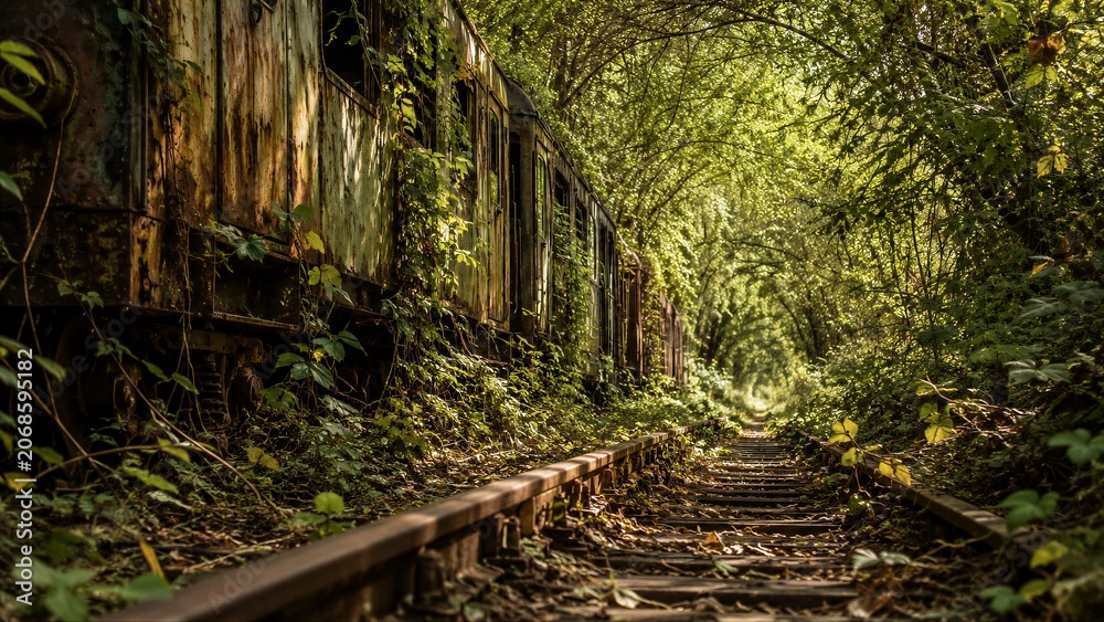 Naklejka premium Abandoned train overgrown with nature, rusty carriages on forgotten tracks in forest
