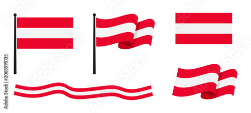 Austria flag vector collection. Austrian national flags set with waving flag, rectangle icon, flagpoles with flag and ribbon banner isolated on white background. Colored flat vector illustration