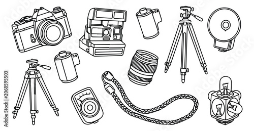 Fotografie Photography equipment line art vector set, vintage camera gear collection, black