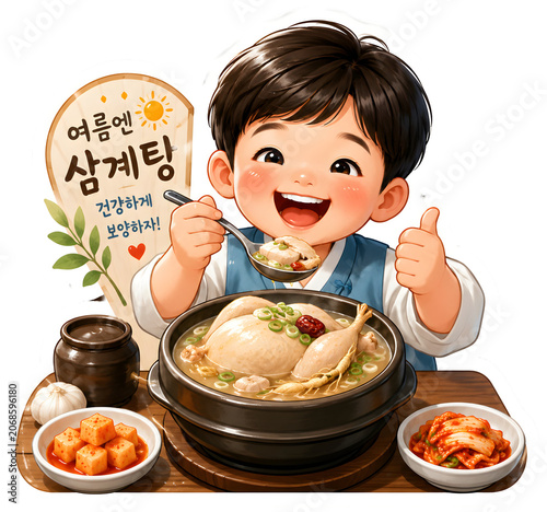 Happy Korean Boy Eating Samgyetang Sticker PNG