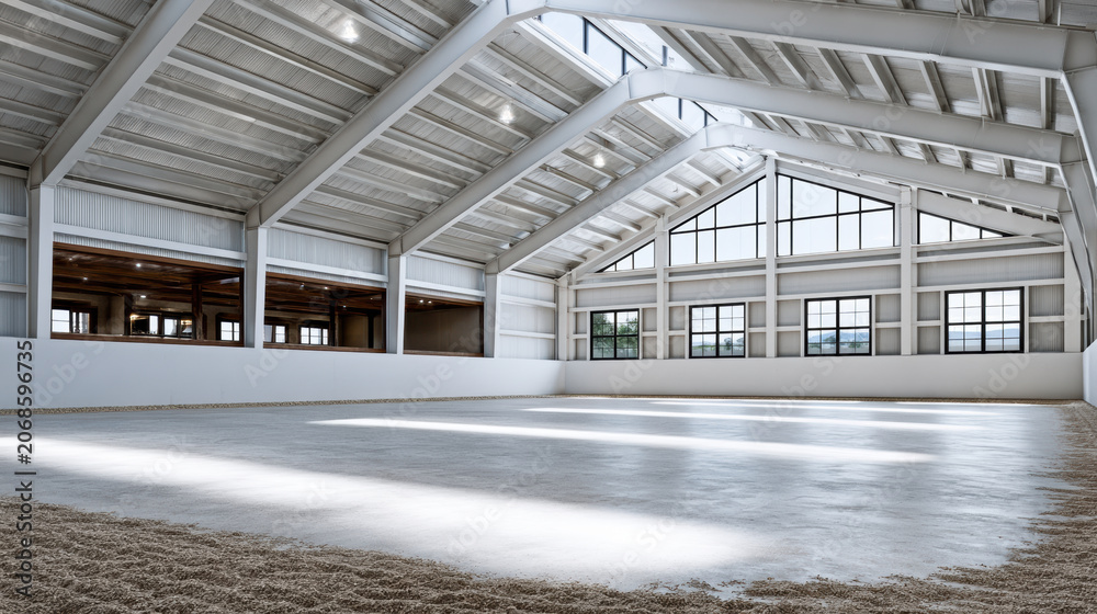 Obraz premium Spacious indoor arena with high ceiling, large windows, natural light, sand floor, modern architecture, peaceful atmosphere